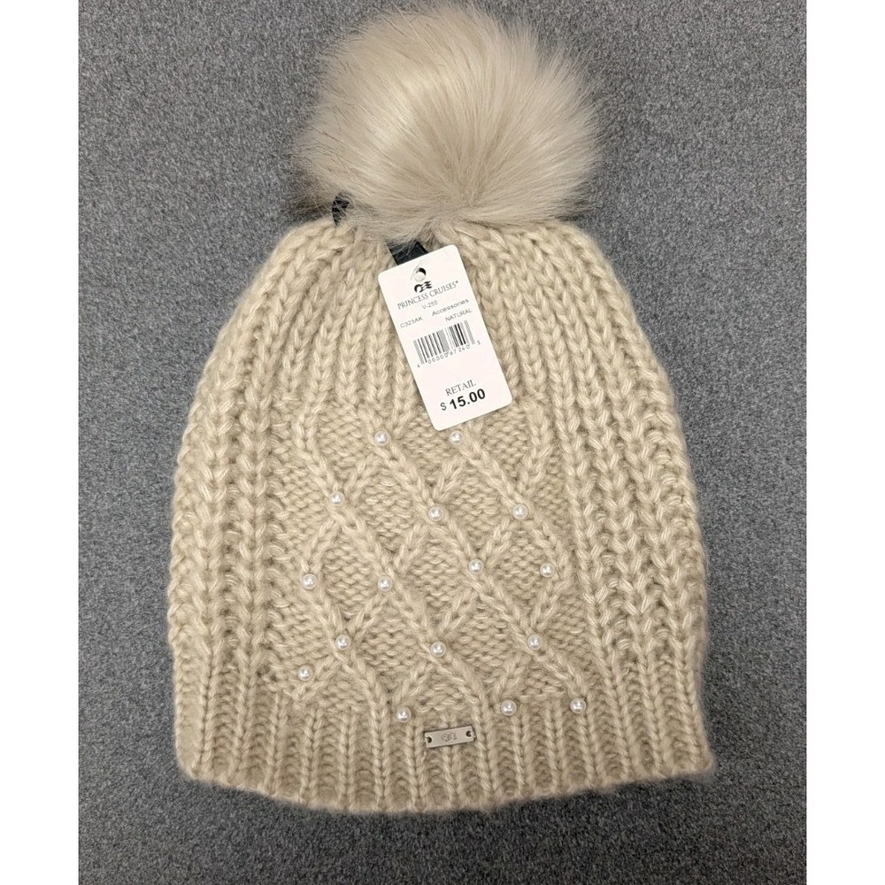 Princess Cruise Knit Hat Pearls Beige Soft Warm Fur Tassle Winter Outdoors NEW